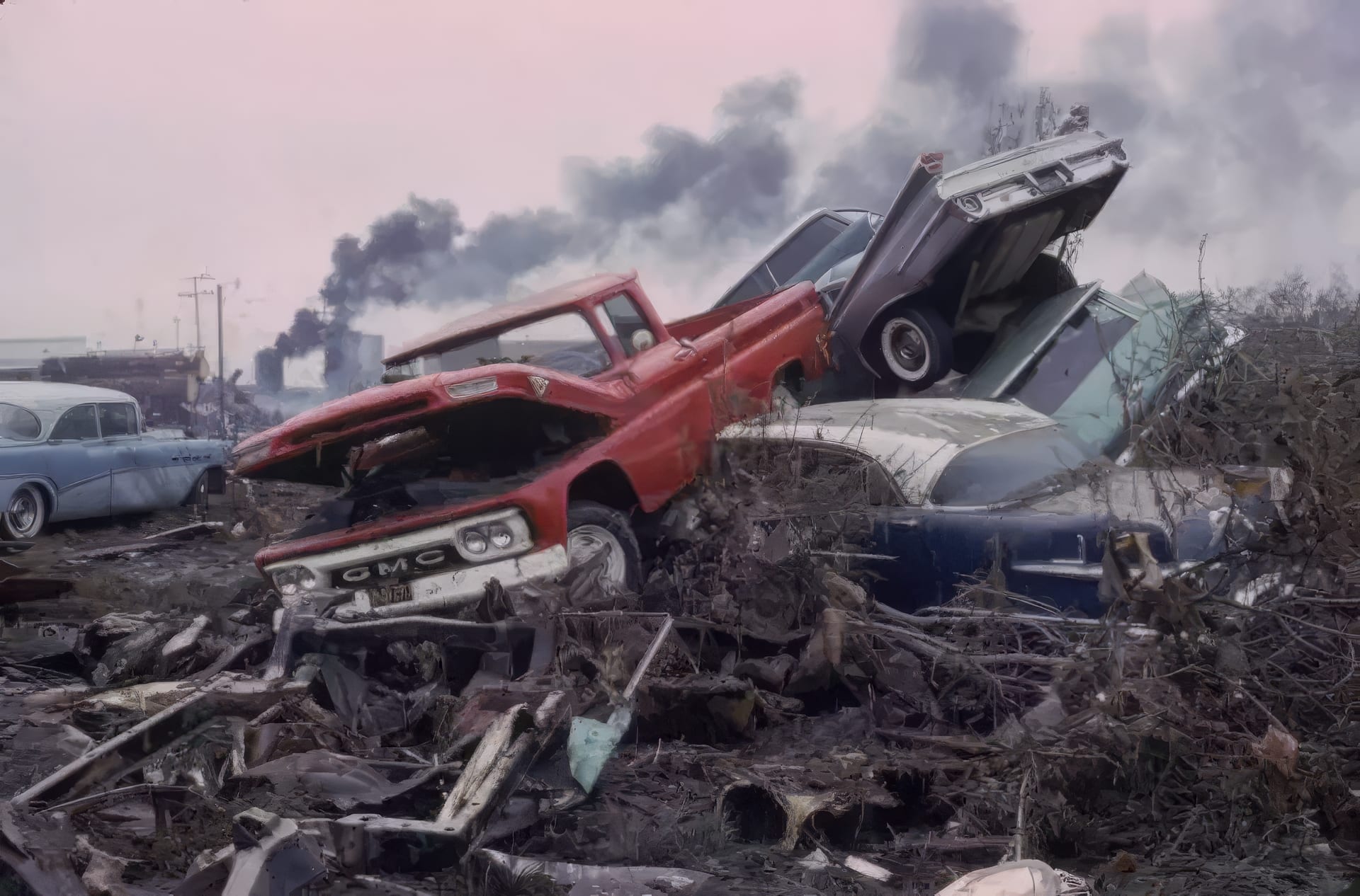 Wrecked cars and a crushed pickup lie piled amid debris in Crescent City after the March 1964 tsunami, with smoke rising in the background.