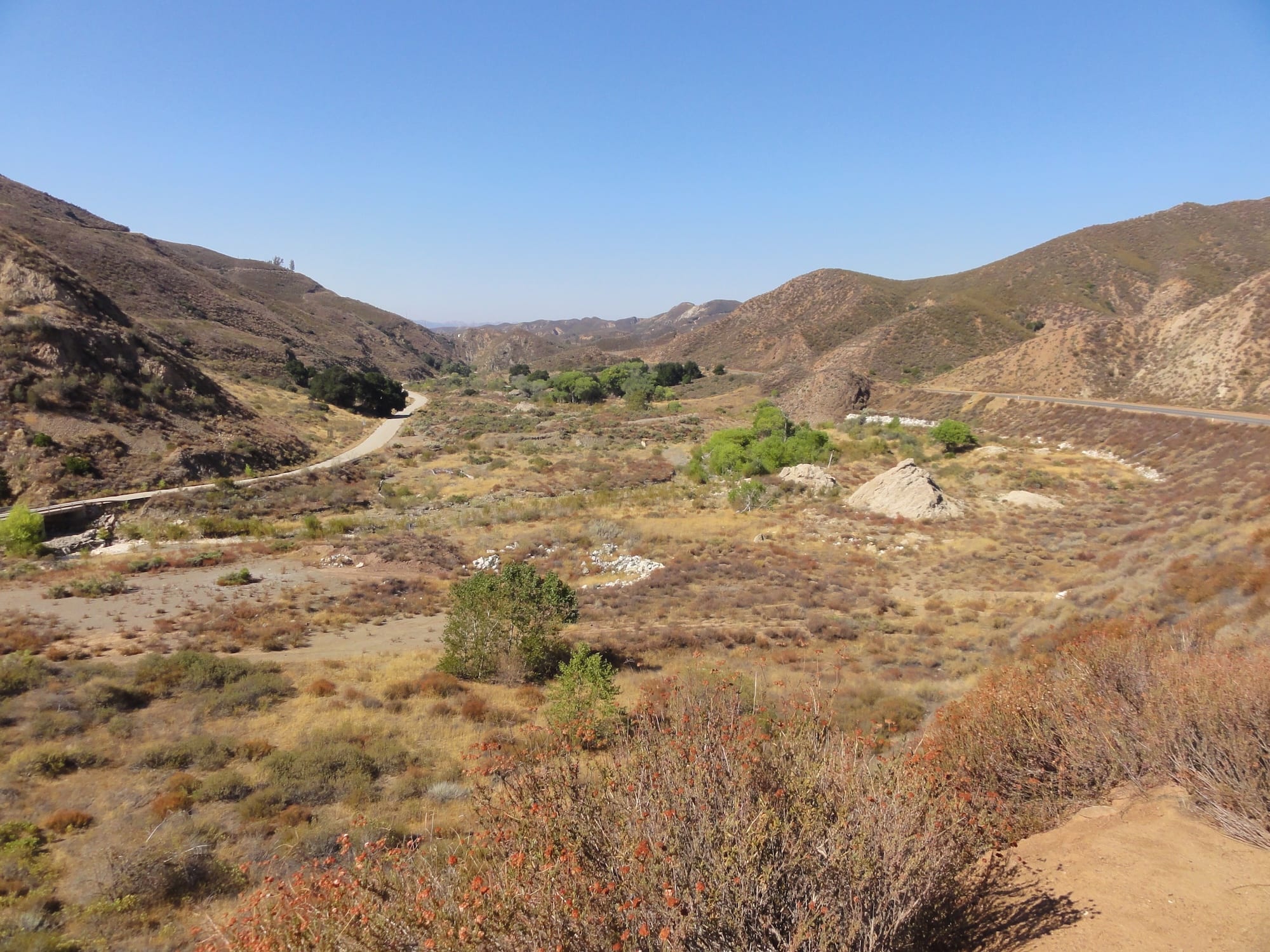 The site of the St. Francis Dam in San Francisquito Canyon, photographed in 2012. Pieces of the dam still lie scattered across the canyon floor.